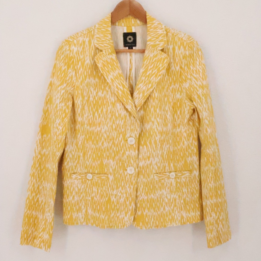 Amber Sun Ikat Blazer Jacket Womens Size M Yellow White Cotton Stretch Pockets